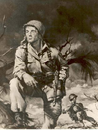The original cover artwork from Ross Carter's book Those Devils in Baggy Pants, depicting a paratrooper in combat
