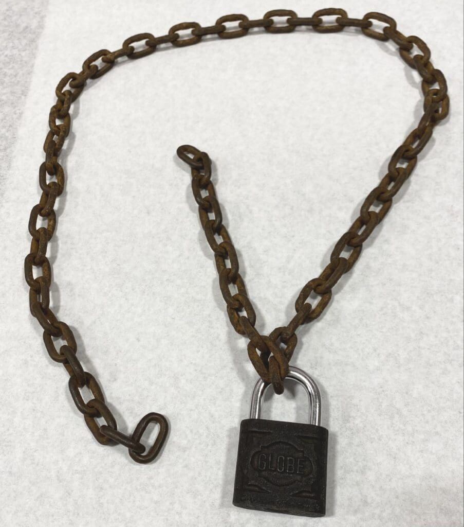 This lock and chain was used to secure Schrump’s cage during his captivity.
It was originally a part of a 15 foot chain. This artifact is in the ASOM’s collection.